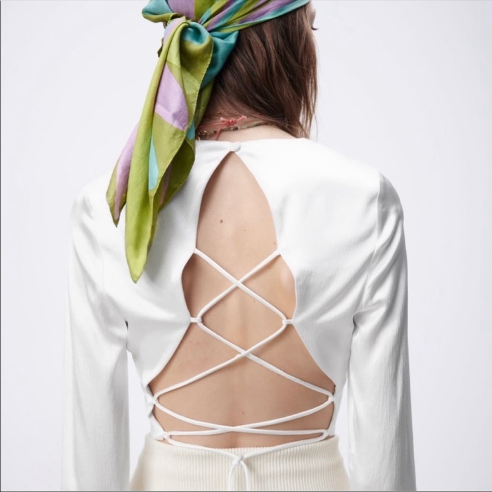 ZARA Satin White Crop Top Long Sleeve Tie Back